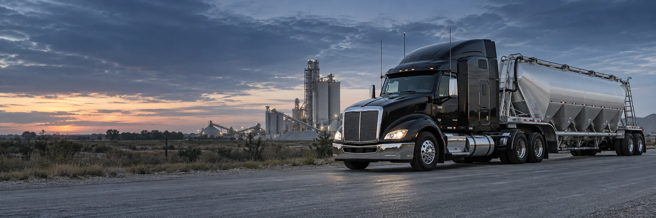 Illustrative image of a dry bulk tractor-trailer near an industrial plant at dawn
